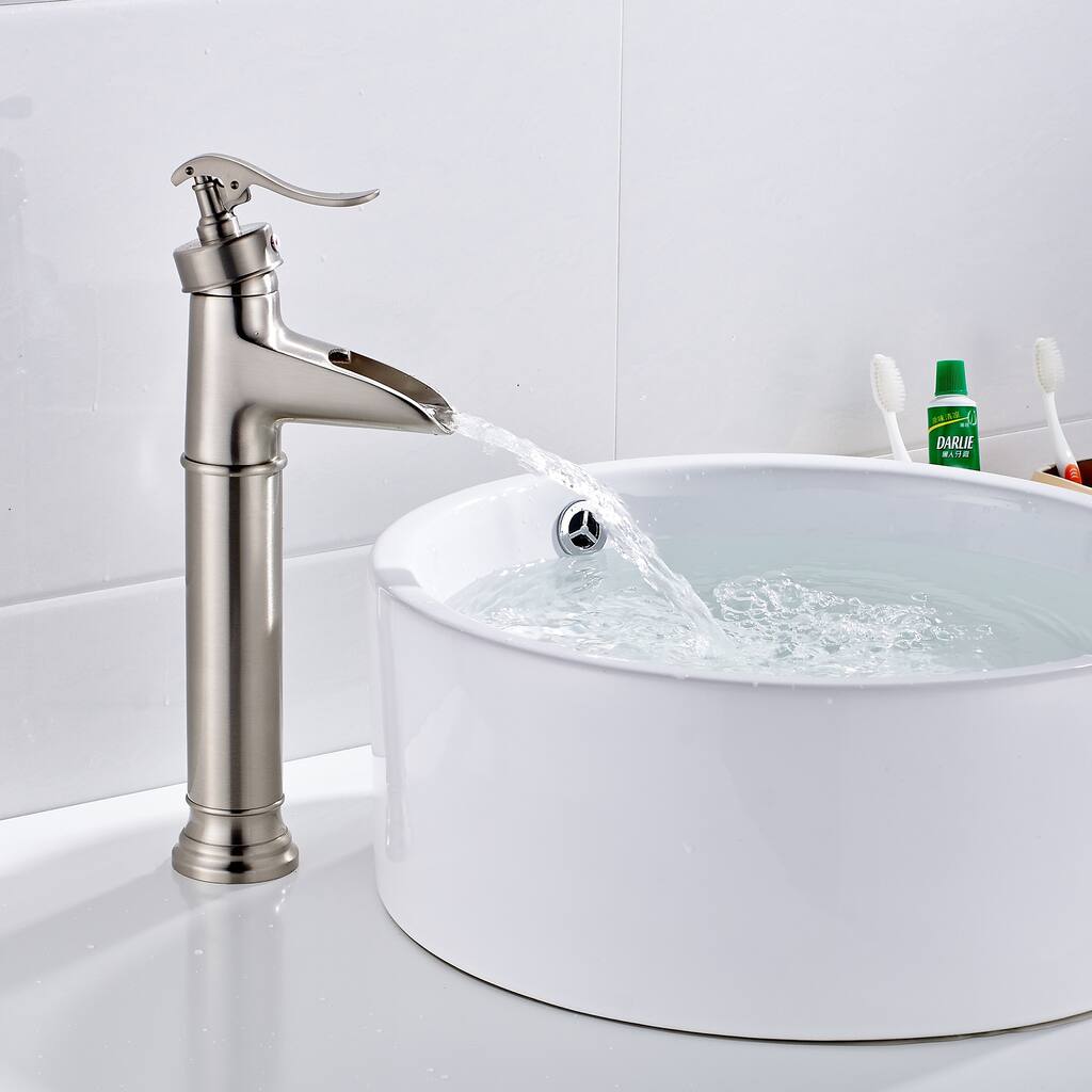 Modern Single Handle Metered Bathroom Sink Faucet with Waterfall Spout, Hot and Cold Controls, Single Hole