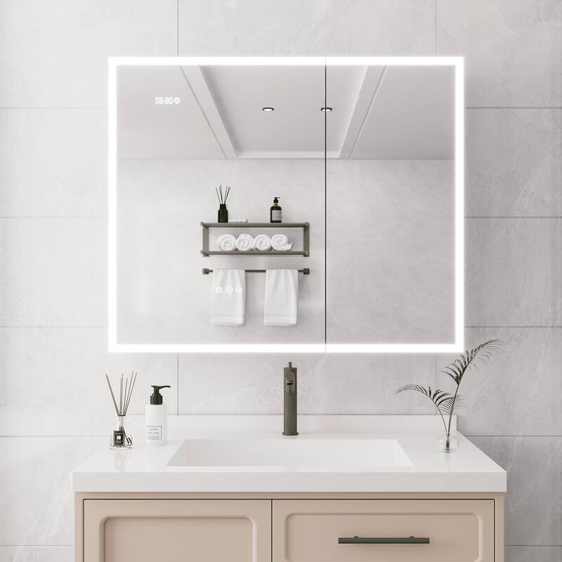 LED Bathroom Medicine Cabinet with Mirror, Double Door Lighted Medicine Cabinet with Defogger, Adjustable Brightness