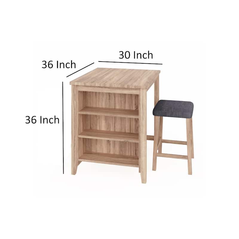 Dawny 3pc Counter Height Table Set with Stools, Shelves, Brown Oak Wood