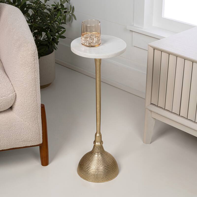 23.75″ Metal Pedestal Drink, End Table w/ White Marble Round Top & Hammered Base, By JONATHAN Y - Gold