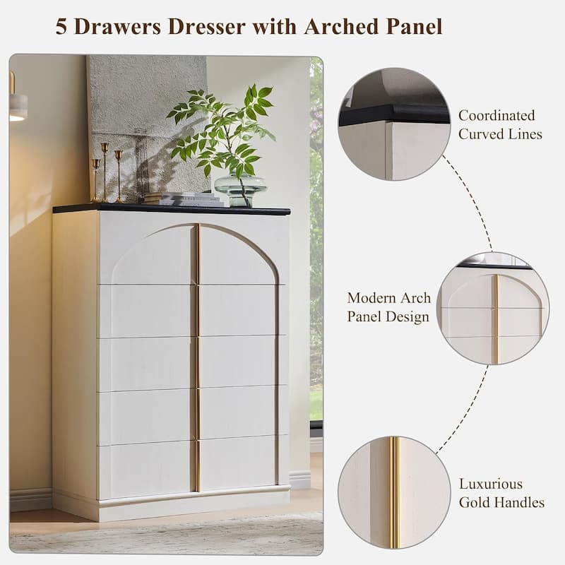 44" Tall Modern 5 Drawers Dresser with Arched Panel, Chest of Drawers