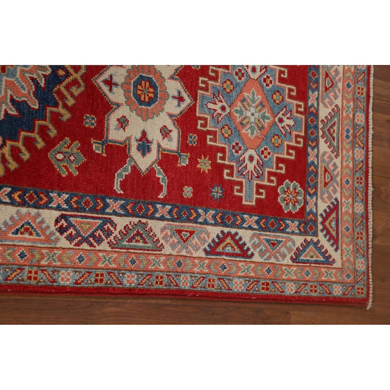 Kazak Oriental Runner Rug Hand-Knotted Red Geometric Wool Carpet - 2'8" x 9'9"