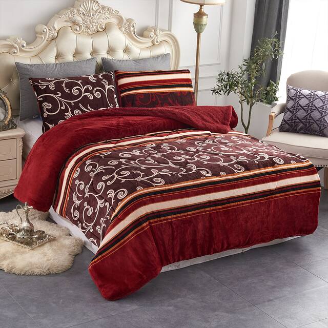 3-Piece Floral Printed Sherpa-Backing Reversible Comforter Set - Burgundy Striped - Queen