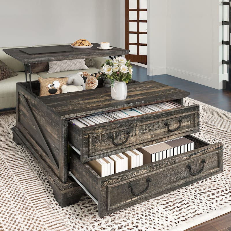 Moasis Lift Top Coffee Table Farmhouse Wood Central Table for Living Room with 2 Drawers and Hidden Storage Compartment - Dark Oak