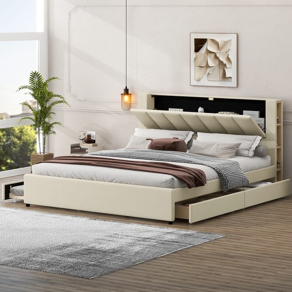 slide 2 of 18, Upholstery Platform Bed with Storage Headboard, 2 Drawers and Trundle