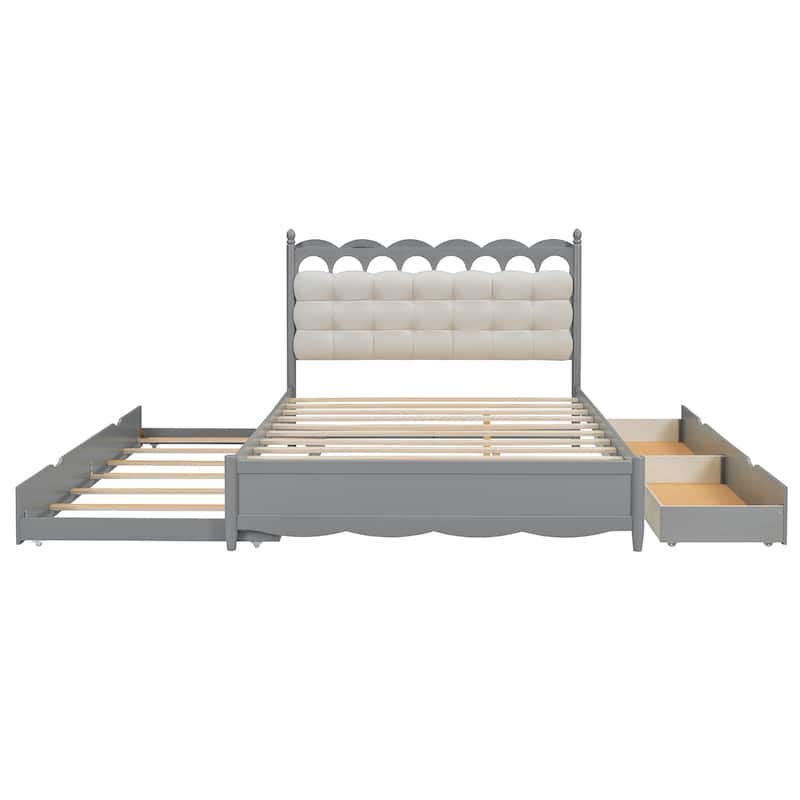 Queen Size Wooden Platform Bed with Sockets and USB Ports, Solid Pine Wood Storage Bed Frame with 2 Drawers and Twin XL Trundle