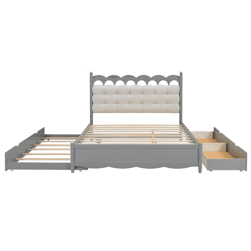 Queen Size Wooden Storage Platform Bed with 2 Drawers, Trundle, USB Ports & Sockets,Gray