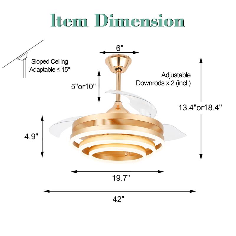 Oaks Aura 42in. DIY Shape Retractable Ceiling Fan With Lights, 6-Speed DC Motor Modern Ceiling Fan with LED Light and Remote