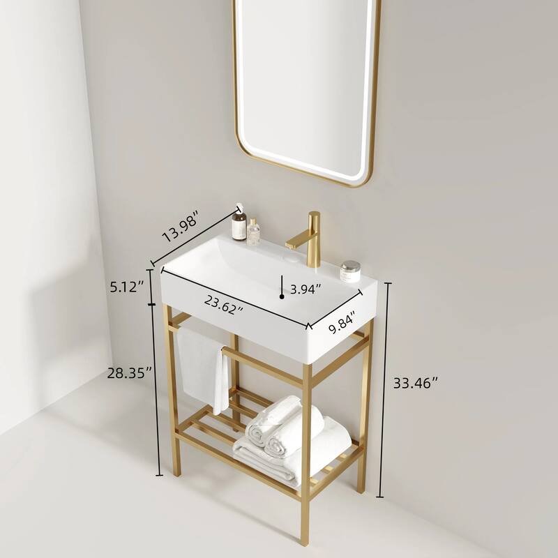GDF Studio - Lofi 24" Bathroom Vanity with Glossy White Rectangular Ceramic Basin & Open Metal Leg, WITHOUT Faucet