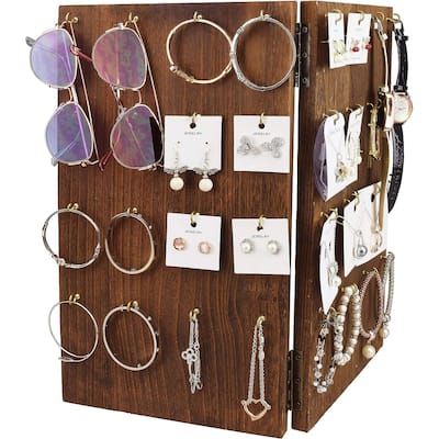 Wooden Foldable Panel Jewelry Display Stand with 32 Hooks - S