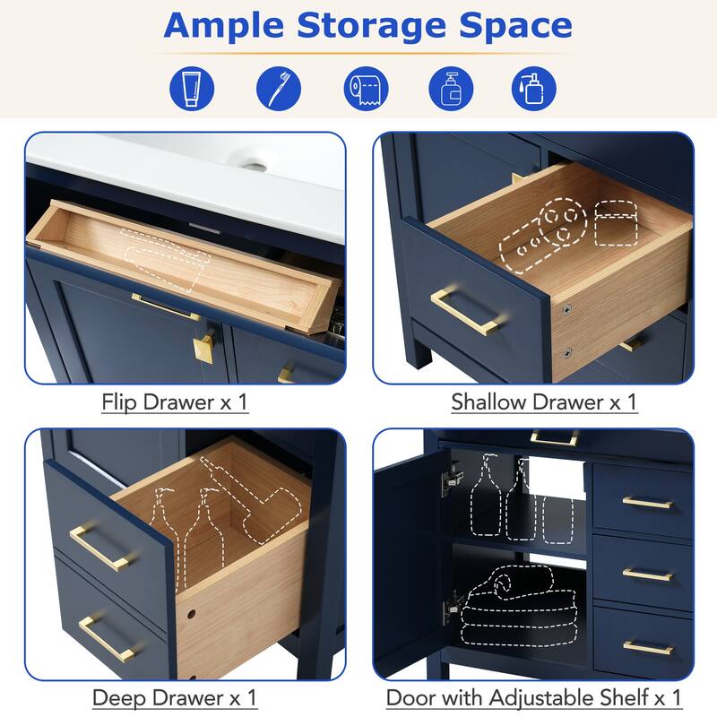 30-Inch Blue Bathroom Vanity with Ceramic Undermount Sink, 1 Soft-Close Door, 3 Storage Boxes, and Gold Handles