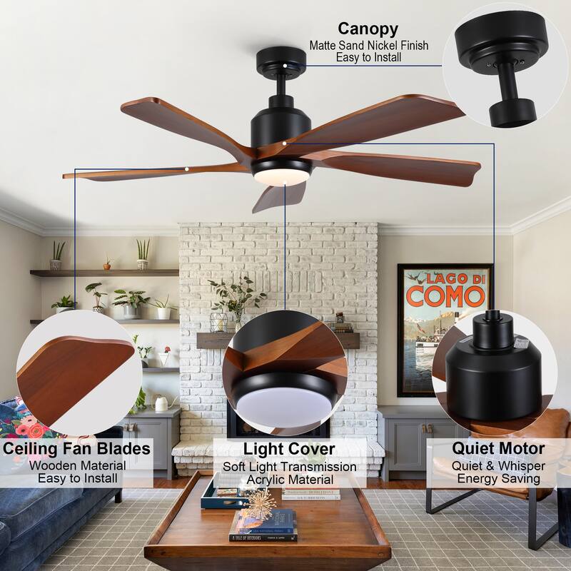 YUHAO SylvanAir Modern 52 in. Flush Mount Outdoor/Indoor Ceiling Fan with 3 Solid Wood Blades and DC Reversible Motor