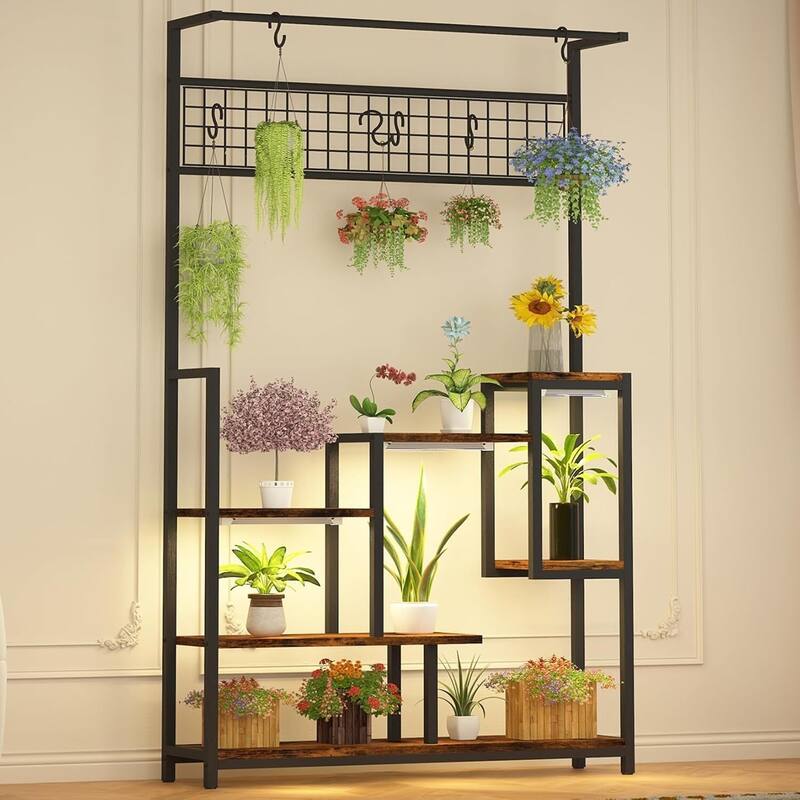 Seven-tier plant stand with grow lights and hooks - Brown