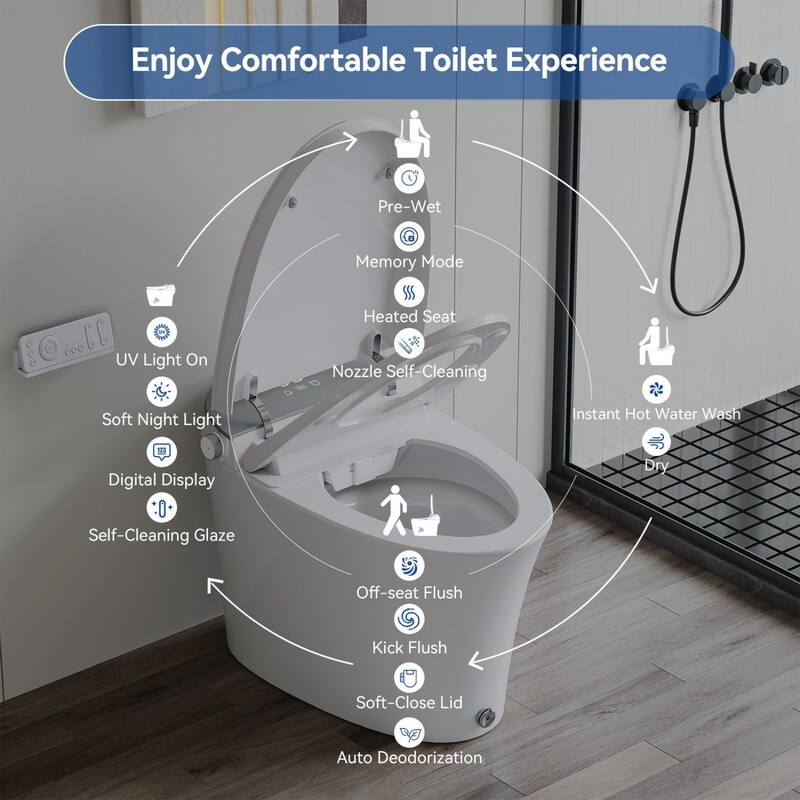 Smart Bidet Toilet with Built-In Tank & Pump, 17" Chair Height, Heated Seat, Wash/Dry, Remote