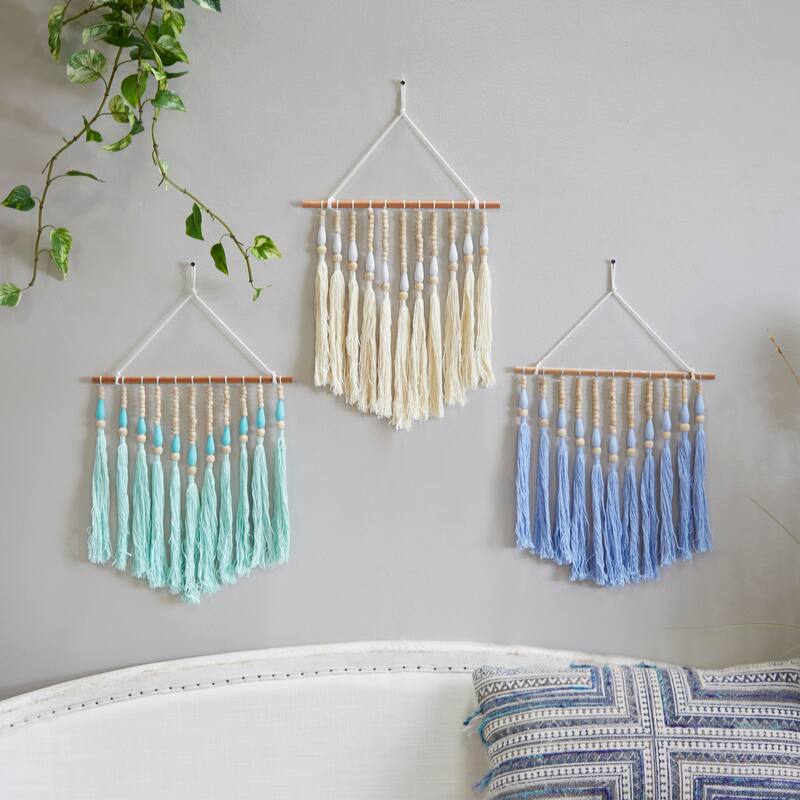 CosmoLiving by Cosmopolitan Multi Colored Cotton Fabric Handmade Beaded Macrame Home Wall Decor with Fringe Tassels (Set of 3) - Multi Colored