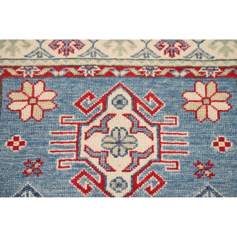 Light Blue Kazak Foyer Rug Hand-Knotted Geometric Wool Carpet - 2'9" x 4'1"