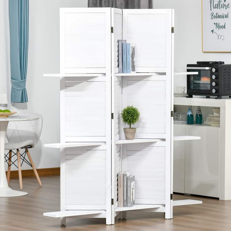 4 Panel 67" Tall Wood Privacy Screen Room Divider with 3 Display Shelves, and Folding Storage for Bedroom or Home Office, White