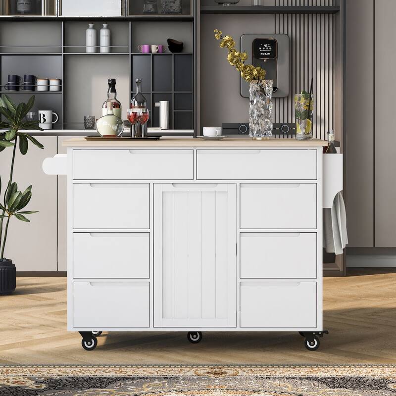 Kitchen Island with 8 Handle-Free Drawers, Rubber Wood Top, Flatware Organizer & 5 Wheels for Storage & Organization