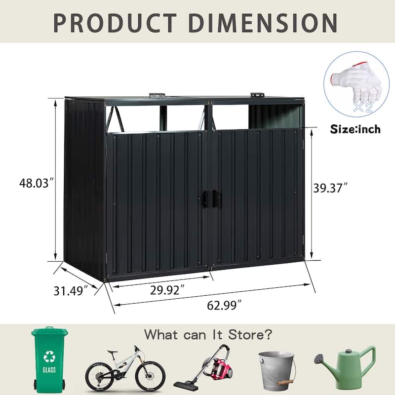 Garbage Bin Shed Stores 2 Trash Cans Metal Outdoor Bin Shed for Garbage Storage,Stainless Galvanized Steel