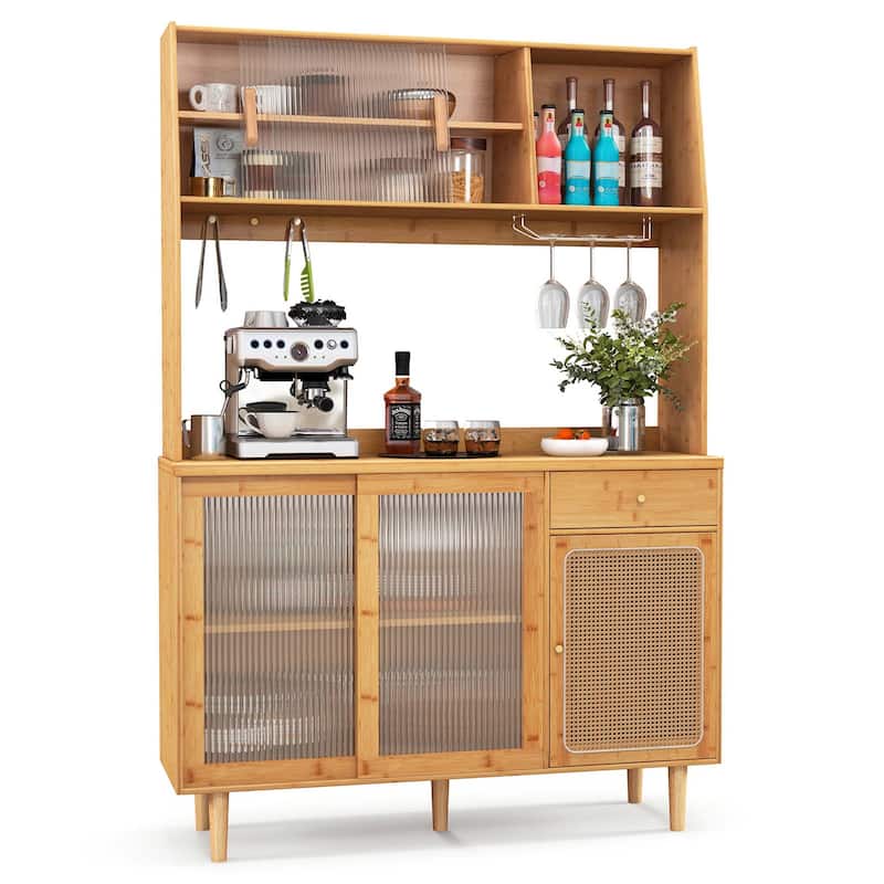 Costway Bamboo Buffet Cabinet Wine Bar Pantry Cupboard Sideboard with - See Details - Natural - See Details