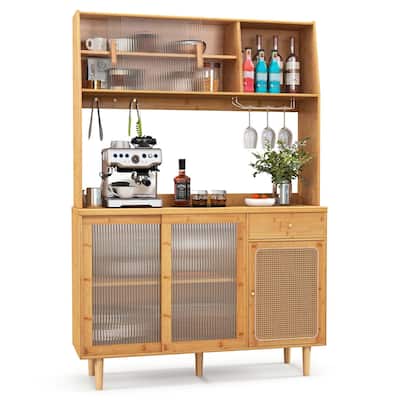 Costway Bamboo Buffet Cabinet Wine Bar Pantry Cupboard Sideboard with - See Details