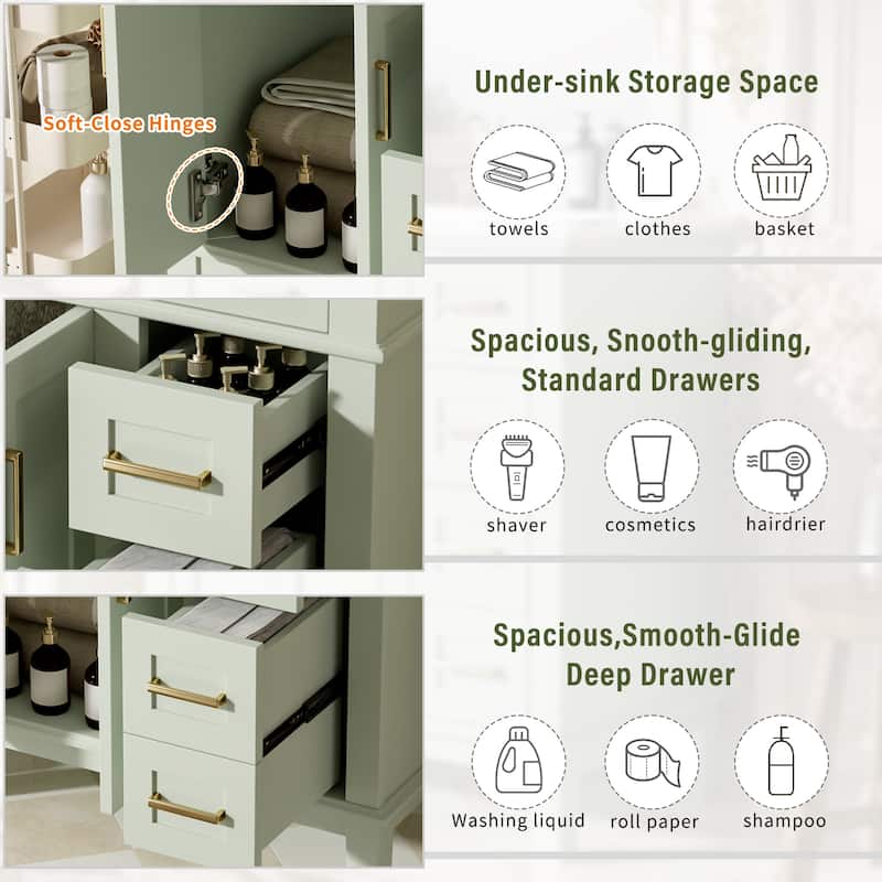 30" Bathroom Vanity with Ceramic Sink - Modern Cabinet with Soft-Close Doors, Deep Drawer & Standard Drawer