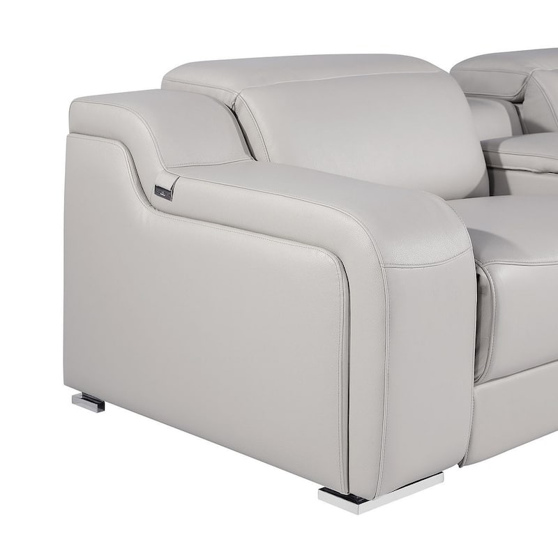 HomeRoots Light Gray Italian Leather Power Reclining U Shaped Ten Piece Corner Sectional With Console