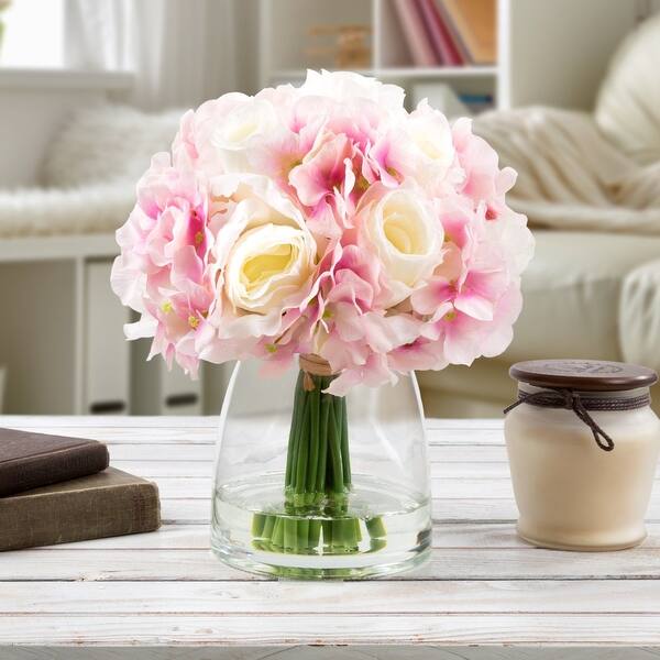 Shop Glass Vase Artificial Faux Silk Hydrangea Rose Floral Table Decor Centerpiece Overstock 27727371