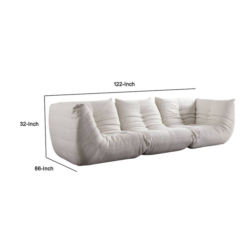 Ezee 3pc Modular Sofa Set, Low Profile Floor Seating Cream Pleated Polyester
