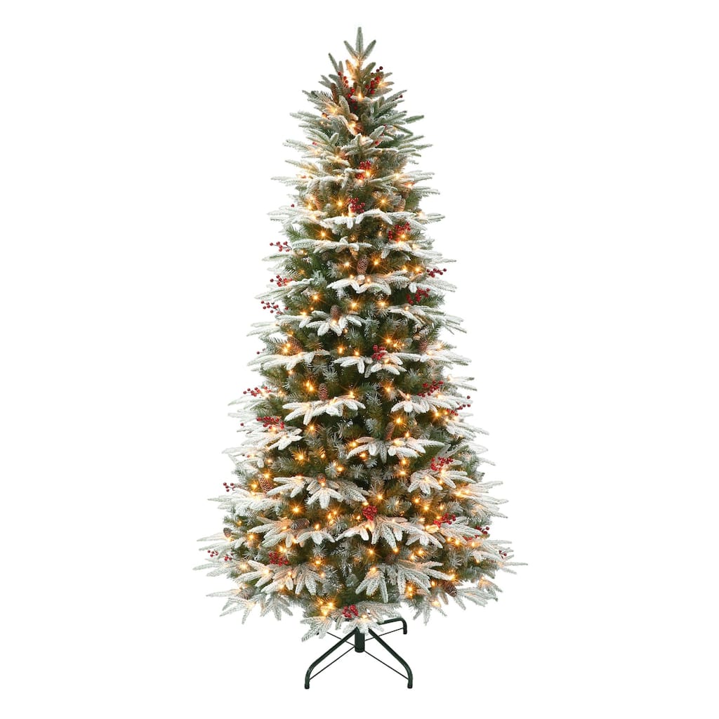 7.5' Slim Flocked Halifax Fir Artificial Christmas Tree, Clear Lights - 7.5 Foot