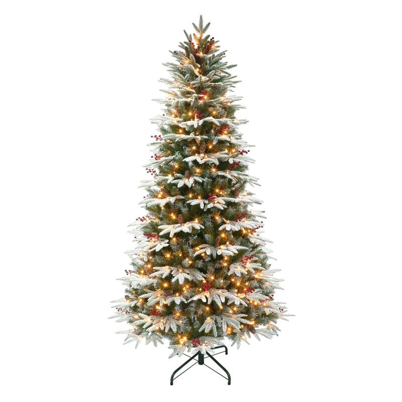 7.5' Slim Flocked Halifax Fir Artificial Christmas Tree, Clear Lights - 7.5 Foot