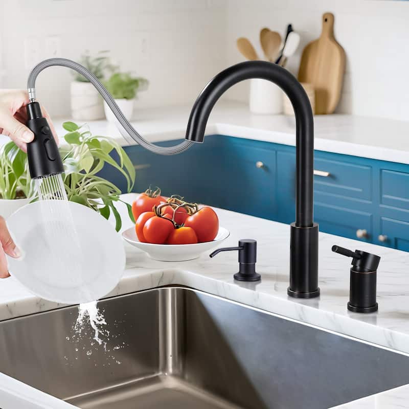 WOWOW Single Handle Pull Down Kitchen Faucet with Soap Dispenser