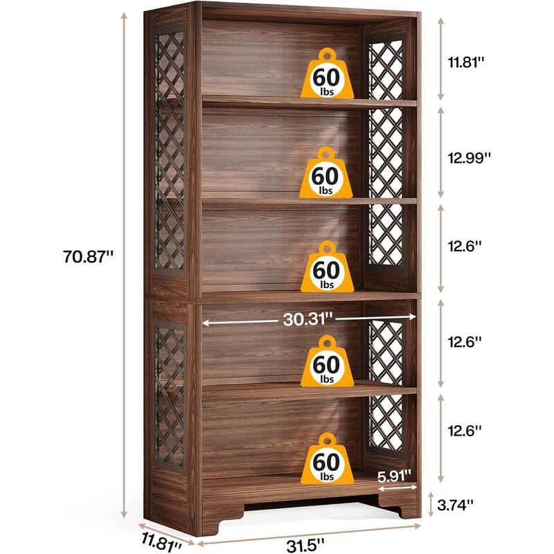6-Tier Bookcase, 70.8" Vintage Tall Bookcase