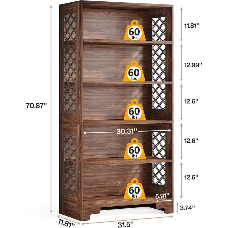 71 Inches Vintage Tall Bookcase, Floor Standing 5-Shelf Display Rack Storage Shelves