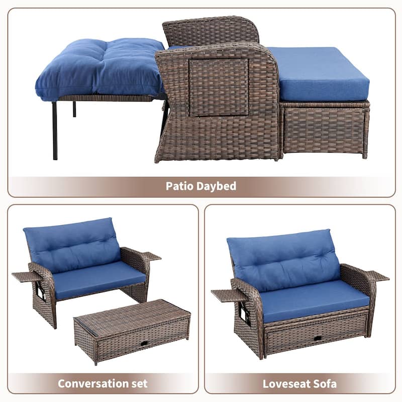 Gymojoy Adjustable Outdoor Wicker Daybed Patio Sofa Bed, 5-Position with Storage Ottoman