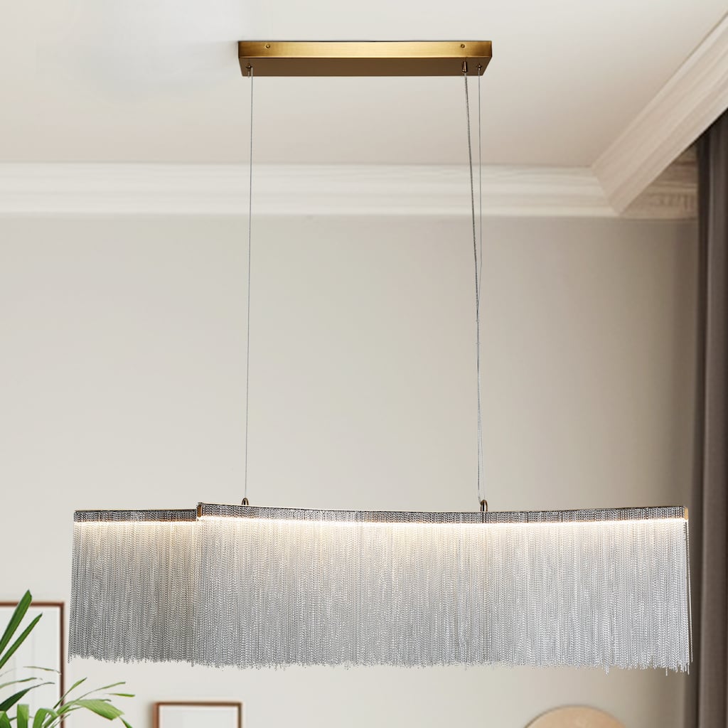 Modern 2-Light LED 49 in. Wide Fringe Island Chandelier Lights for Kitchen Island - Gold