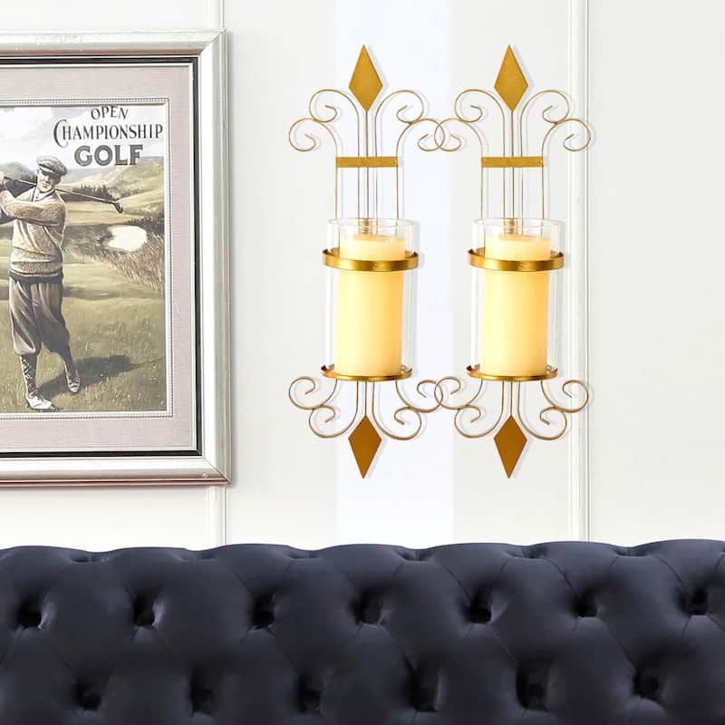 Adeco Single Pillar Wall Hanging Candle Holder Sconce (Set of 2) - Gold