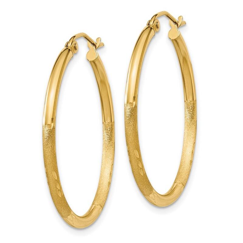 Curata 14k Yellow Gold Satin and Sparkle Cut Round Tube Hoop Earrings - 30x30mm
