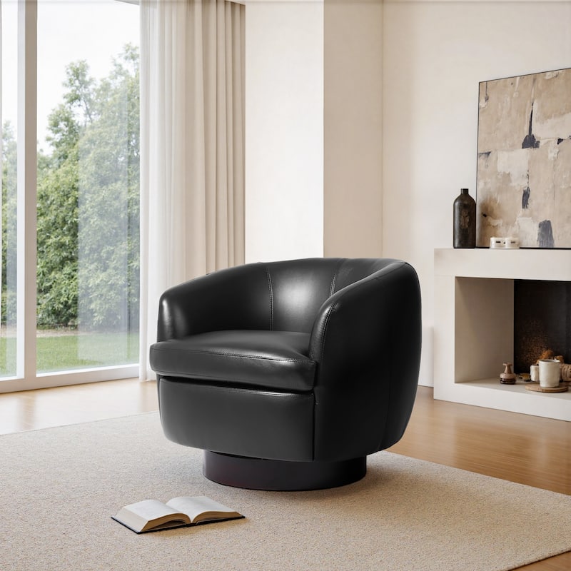 Leather Upholstered Swivel Barrel Accent Chair With Wood Base