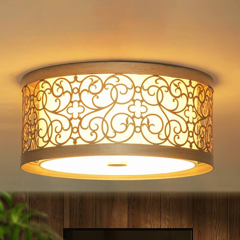 2-Light Mid-Century Modern Unqiue Handcrafted Sunset Gold Flush Mount Light with White Fabric Shade for Living Room & Bedroom