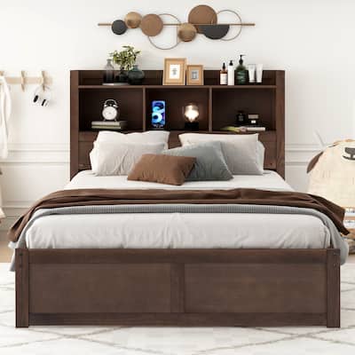 Espresso Wood Full Size Platform Bed w/ Shelves & Trundle, Drawers