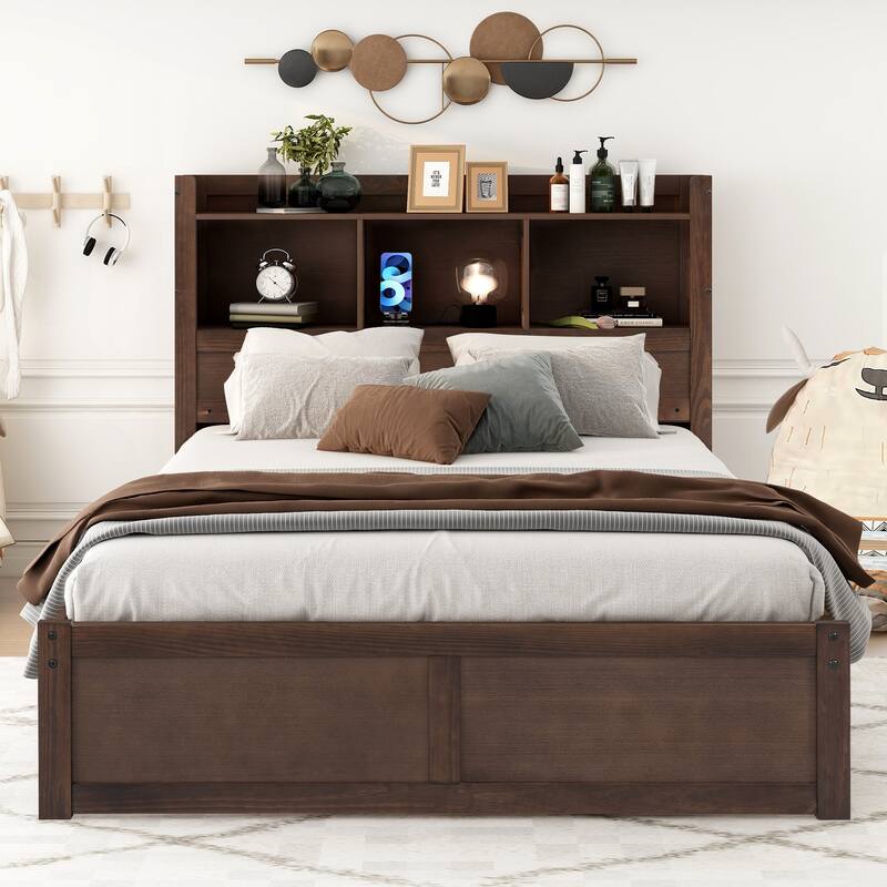 Full Storage Platform Bed with Pull-Out Shelves, Twin Trundle, and 2 Drawers - Multi-functional Headboard