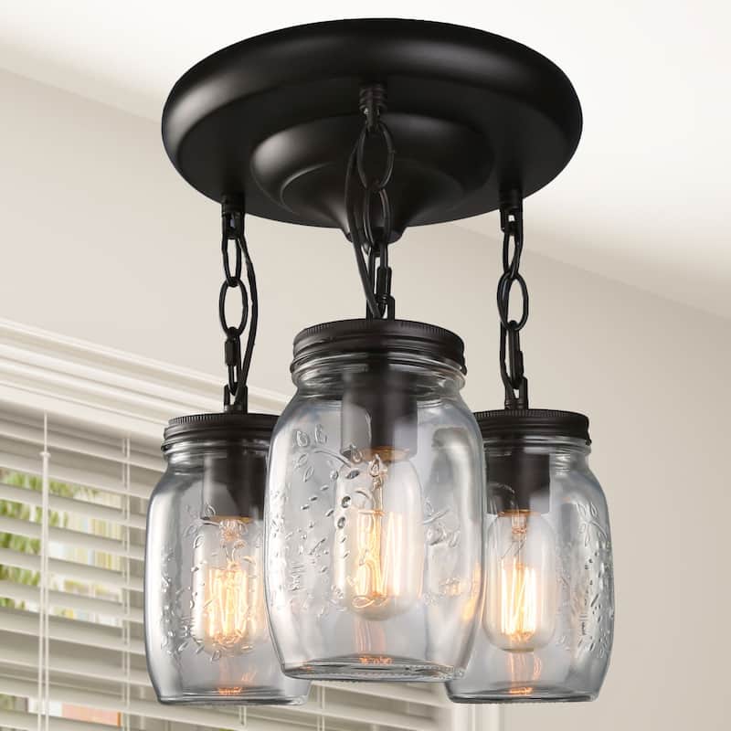 Farmhouse 3-Light Mason Jar Glass Semi Flush Mount Ceiling Light - D11.8"*H13"
