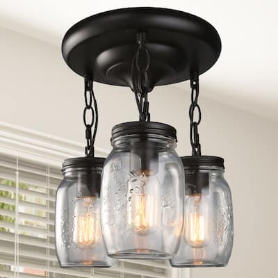 Farmhouse 3-Light Mason Jar Glass Semi Flush Mount Ceiling Lights - D11.8"*H13"