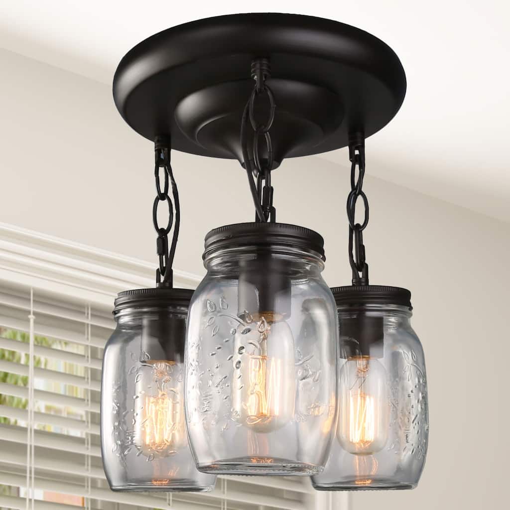 Farmhouse 3-Light Mason Jar Glass Semi Flush Mount Ceiling Light - D11.8"*H13"