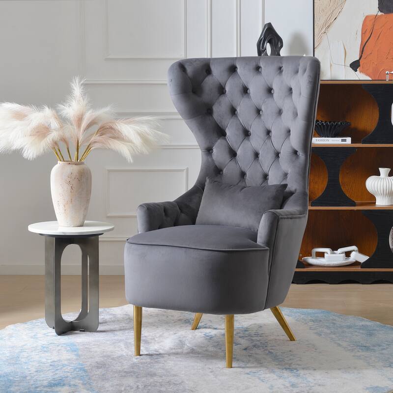 KINWELL Upholstered Tufted Velvet High Wingback Accent Chair - Grey
