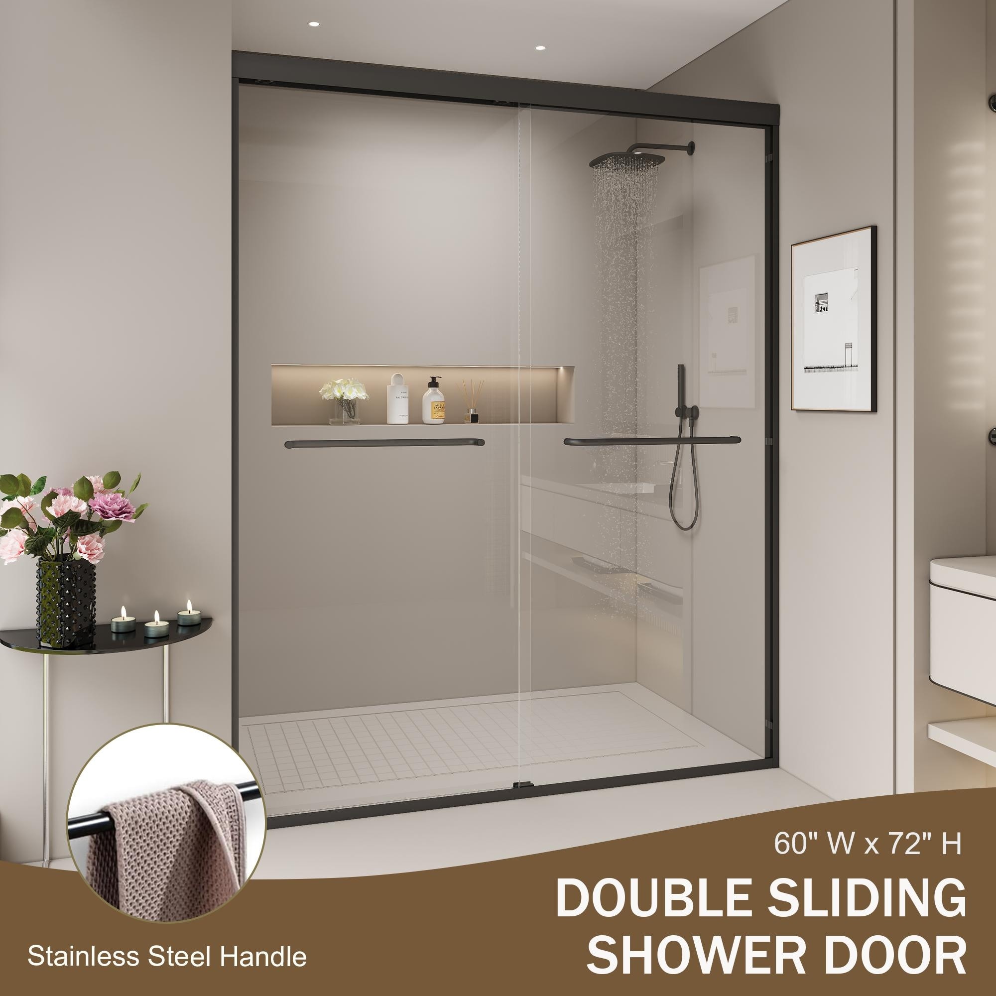 56-60 in. W x 72 in. H Double Sliding Shower Door, Semi-frameless Bypass Bathroom Sliding Door with 1/4" (6mm) Tempered Glass