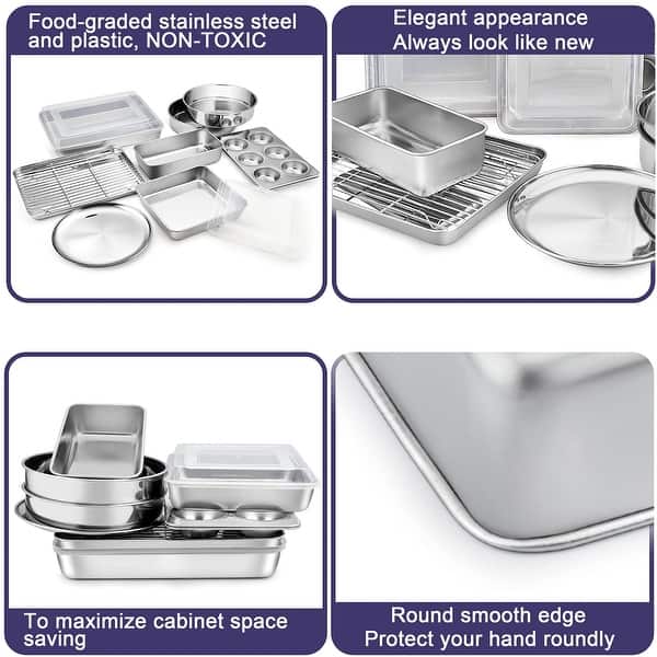 12-Piece Stainless Steel Baking Pans Set, Kitchen Bakeware Set, Include Baking Sheet with Rack, Round/Square Cake Pan
