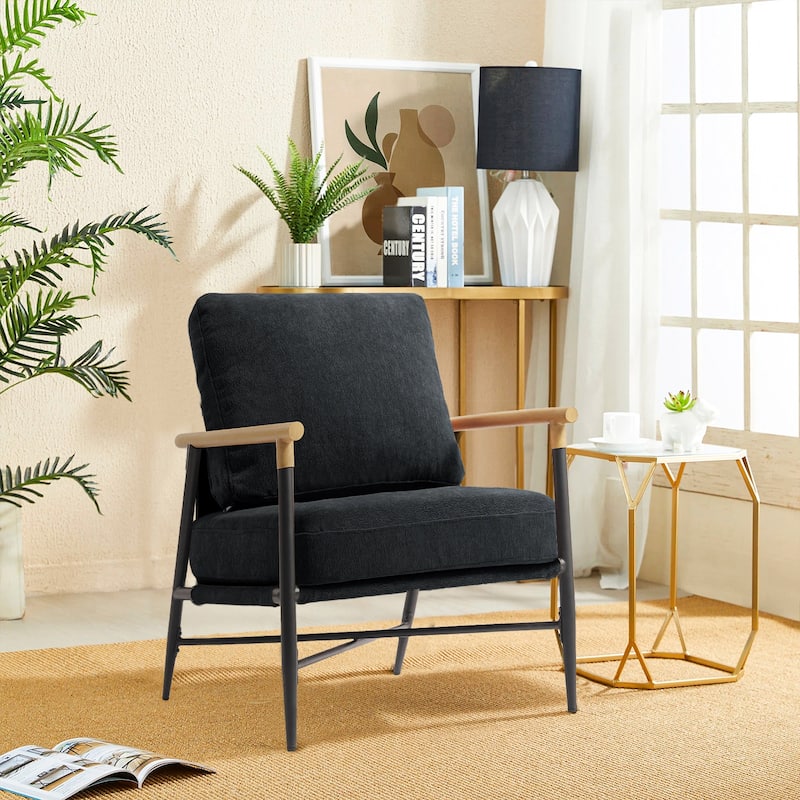 Anis 27'' W Vegan Leather/ Chenille X Base Metal Frame Accent Chair - Black
