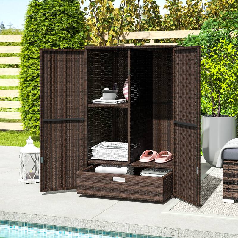 Outsunny Outdoor PE Rattan Wicker Towel Rack & Pool Toy Cabinet, Hot Tub Accessory Storage with Two Doors, Freestanding Cabinet